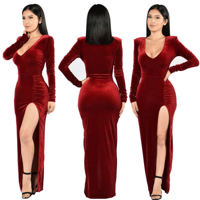 Wholesale- 2017 Women Velvet V-neck Night Club Dress Vestidos Fashion Sexy Winter Autumn Red Dresses Clubwear Solid Party Dress Femme Robe