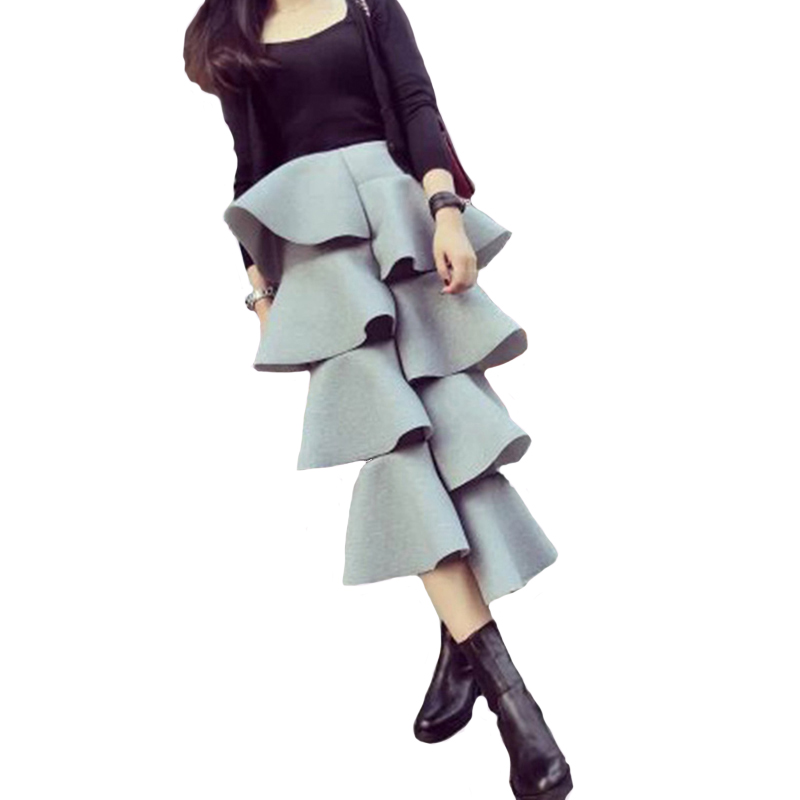 New Korean Brand Cake Womens Skirt Space Cotton Women Ruffles Maxi Dress Irregular Casual Solid Color Long Skirt