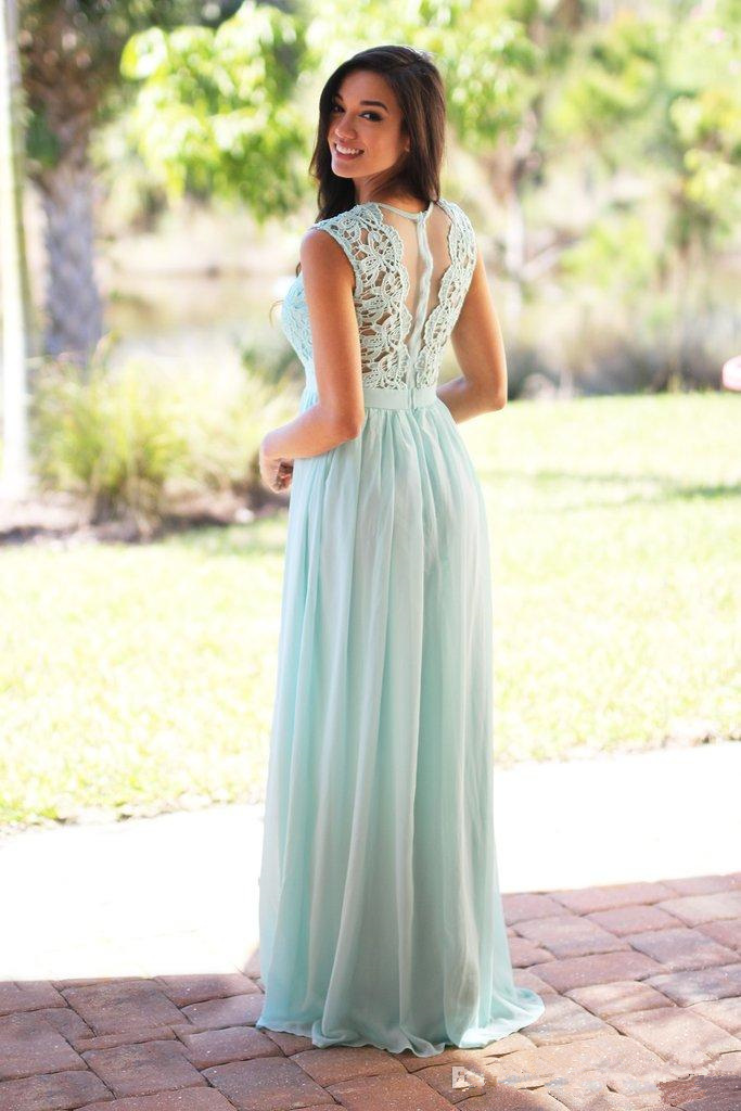 Mint Green Pink Long A Line Country Turquoise Bridesmaid Dress Simple Evening Party Gowns Lace Chiffon Prom Dresses 0510