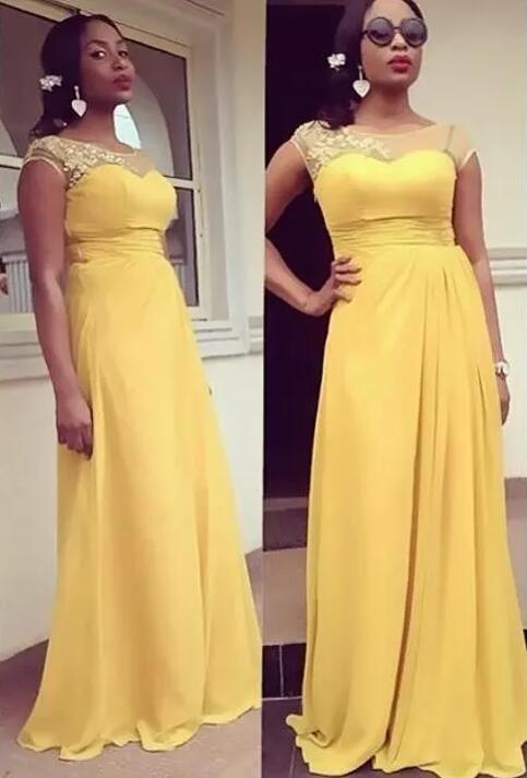 African Style 2017 Yellow Chiffon Bridesmaid Dresses Long Cheap Sheer Neck Capped Sleeve Maid Of Honor Wedding Party Guest Dress EN11247