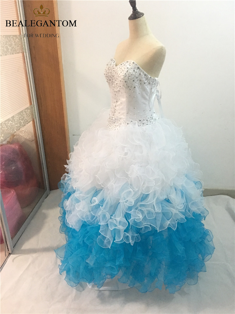 2017 Sexy Fashion Blue And White Ball Gown Quinceanera Dresses with Beading Sequined Plus Size Sweet 16 Dresses Vestido Debutante Gowns BQ18