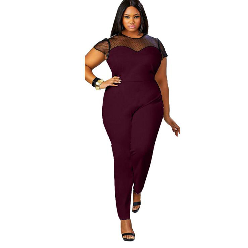 Wholesale- 4XL Plus Size Clothing Women Short Sleeve Casual Jumpsuits Lace Patchwork Women's Sexy Vintage Overalls Playsuits For big women