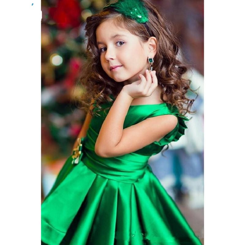Hi Lo Green Satin A Line Pleats Sash Girls Flower Girls Dresses Kids Formal Children Birthday Dresses Girls Pageant Gowns