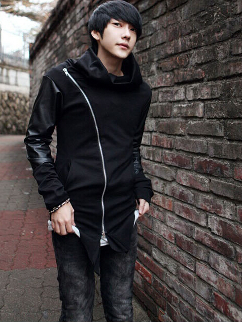 Wholesale- 2017 New Men Spring Sweatshirts Zipper Hoodies Leather Patchwork Slim Male Coat Men Black Hoodies Cool Street Clothing