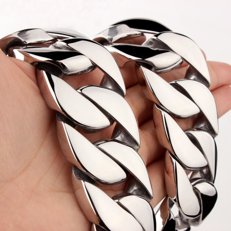 31mm Super Heavy Curb Cuban Link Chain Necklace Bracelet Mens Women Huge Thick Gold Silver Tone Flat 316L Stainless Steel Bike Biker Necklace Jewelry