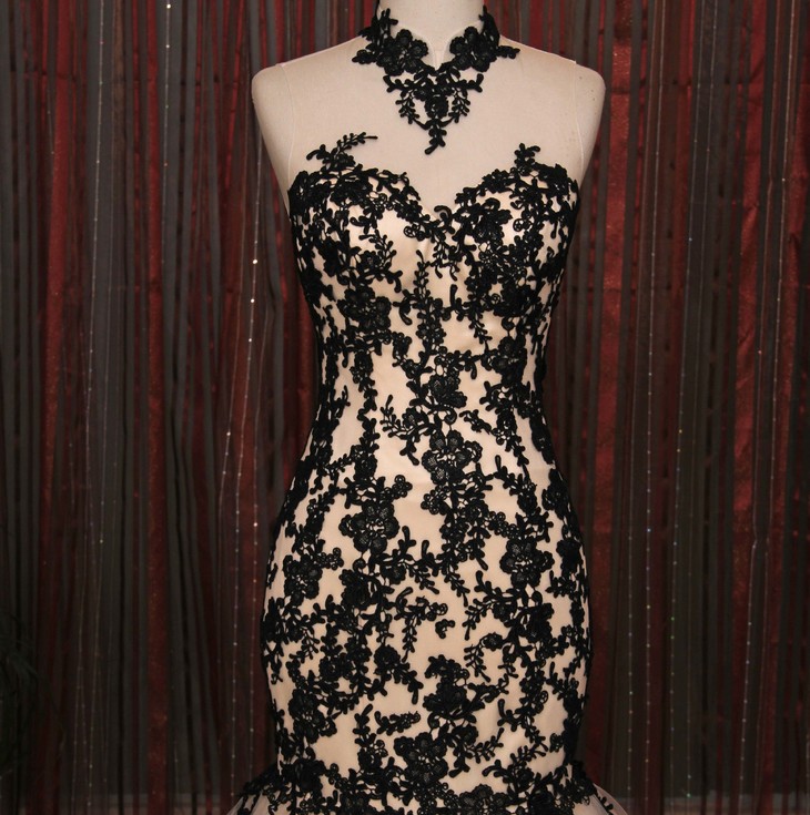 Black Lace Champagne Mermaid Bridal Wedding Dress High Neck Sexy Open Back Applique Tulle Custom Made Trumpet Wedding Gowns