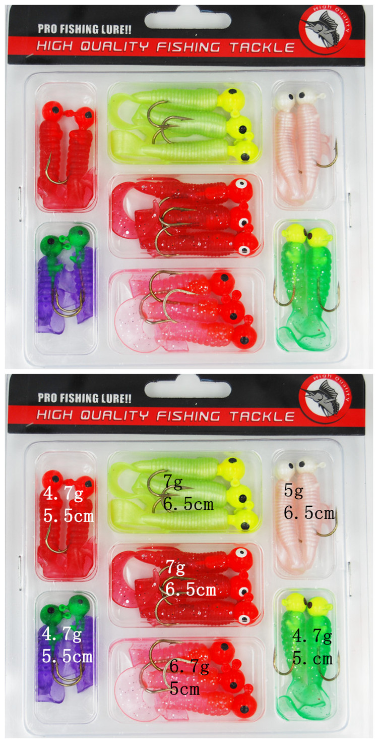 17pcs mix size jig head with maggot grub worm lure lead head hook
