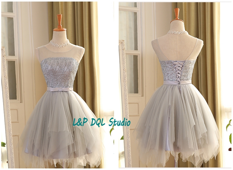 Light Gray Bridesmaid Dresses Knee-Length pleats Tulle with Sequins Bridesmaid GownsCountry Style Real Photos