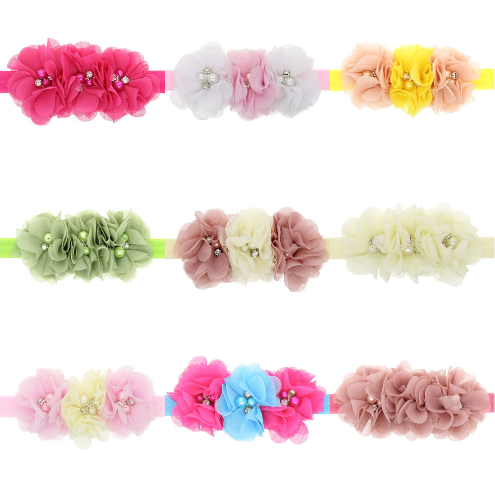 20pcs Gril baby 3 flowers hair bands pearl Crystal Chiffon flower combination set Elastic Headbands Headwear head band Hair Accessories H061
