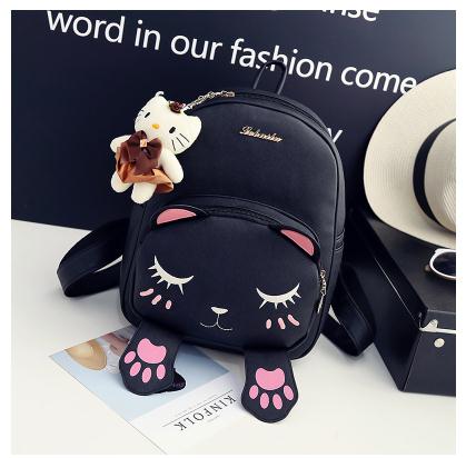 Wholesale- School Backpacks Style Women Backpack Black Cat Fun Quality PU Leather Fashion Women Sweet Shoulder Bag Travel Books Rucksack