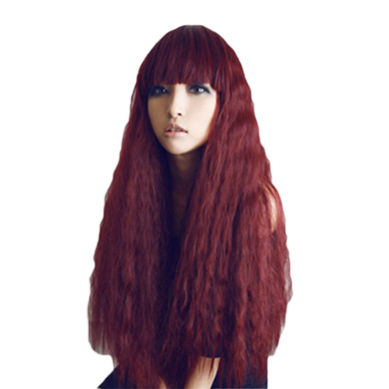 WoodFestival burgundy wigs with bangs long wavy corn hair wig natural heat resistant fiber synthetic fluffy cosplay women