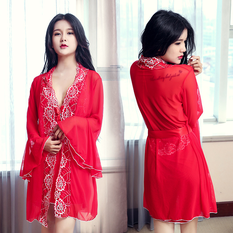 Wholesale- 2017 New Womens Sexy Robe+Nightdress+T-back Suit Nightwear Leotard Uniform Home Bellyband Costume
