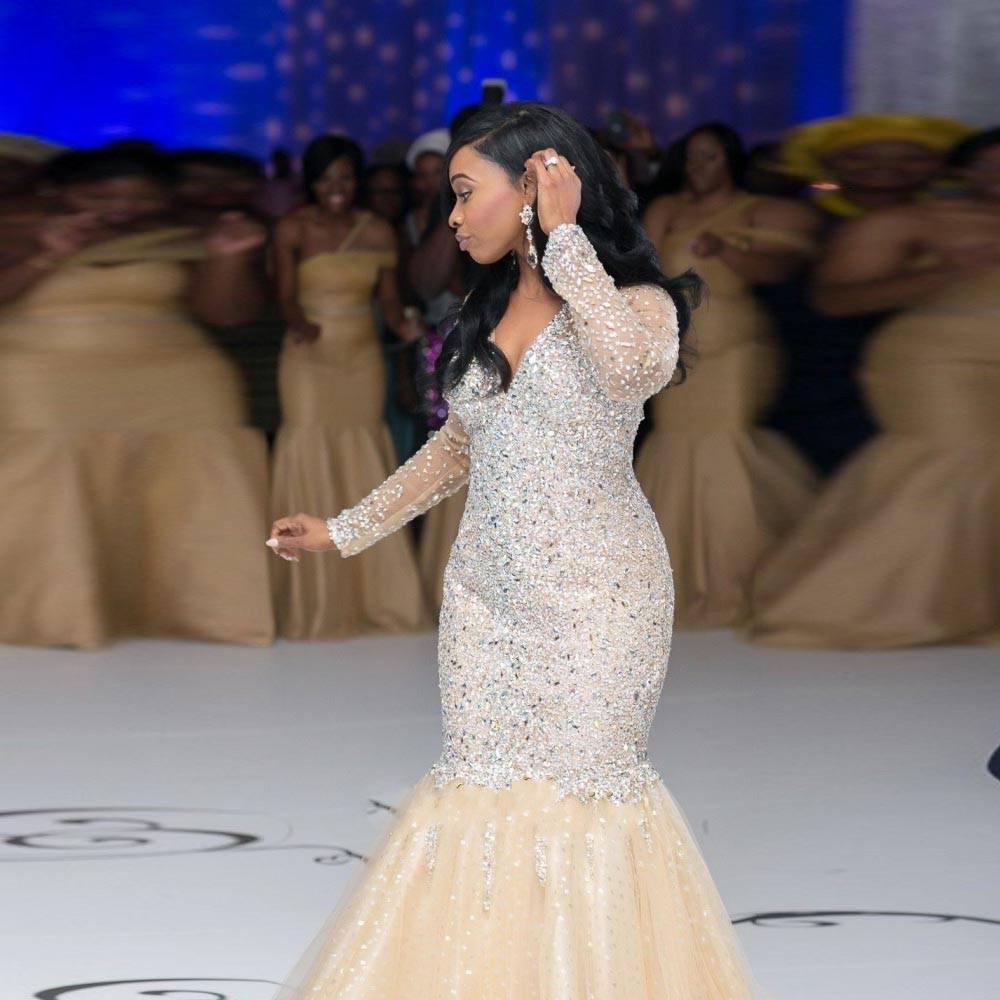 Bling Mermaid Prom Dress Crystal Beaded Vestido De Festa Long Sleeves Evening Dresses V Neck Plus Size Africa Champagne Evening Gowns