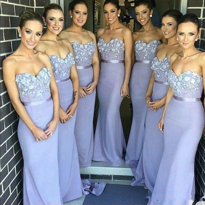 

Elegant Lilac long bridesmaid dress mermaid strapless sweetheart appliques sweep-length sleeveless wedding guest Maid of Honor prom Dress