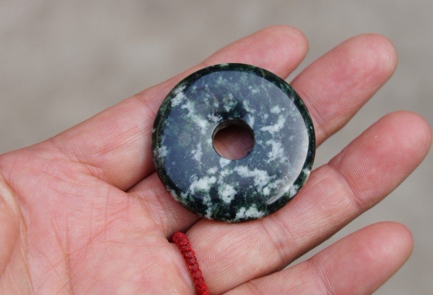 Handmade carving, natural black and white jade, peace button. Necklace, pendant.