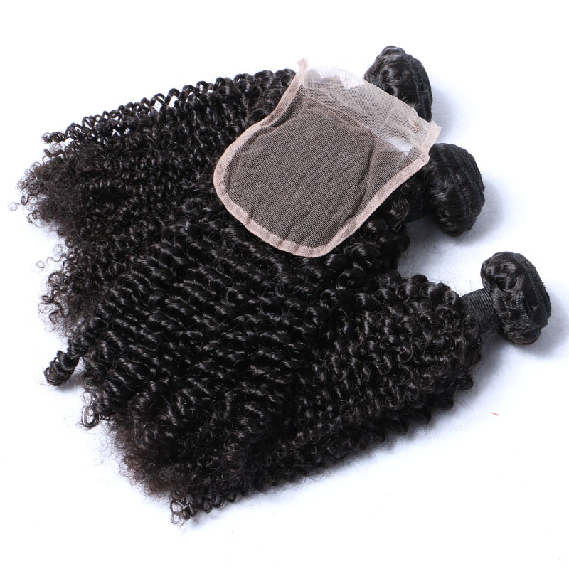 Afro Kinky Curl Brazilian Hair Bundles With Closure Human Hair Weaves Closure 4x4 Free Part Natural Color 1B Black