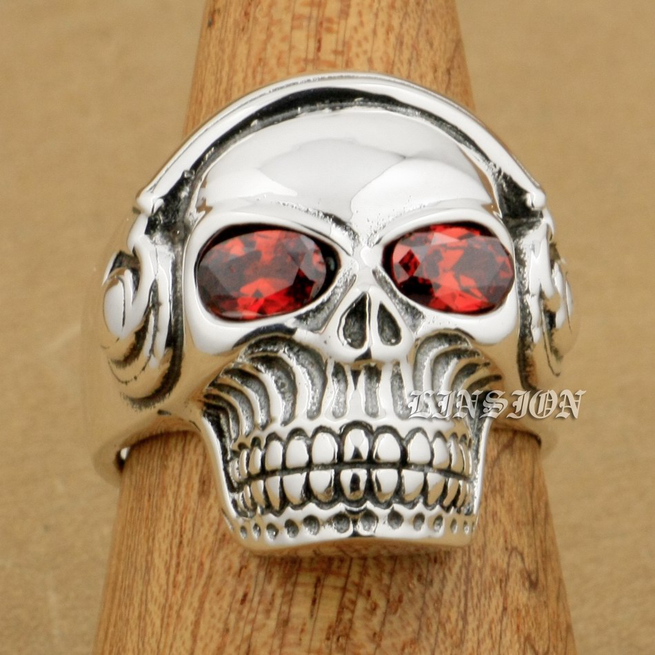 LINSION Red CZ Eyes 925 Sterling Silver DJ Skull Studio Music Headphone Mens Boys Biker Rock Punk Ring 8Y211 US Size 7 to 15
