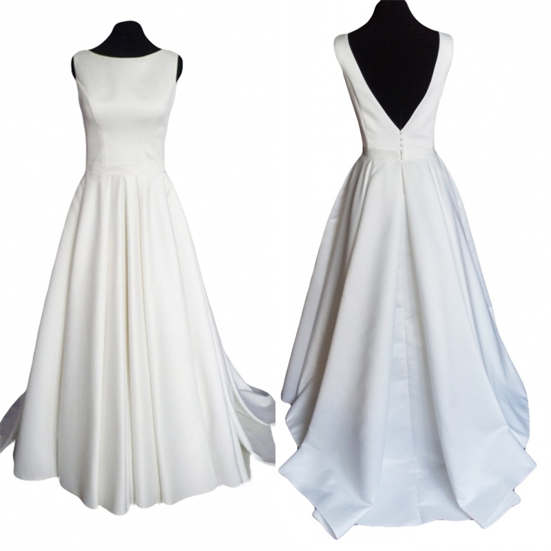 Modern Simple Satin Wedding Dress with Open Back Court Train Ruffled Scoop Neck High Quality Custom Made White Bridal Gowns China
