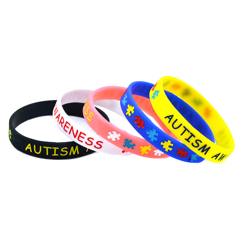 100PCS Autism Awareness Silicone Rubber Bracelet Puzzle Logo Debossed and Filled in Color for Promotion Gift