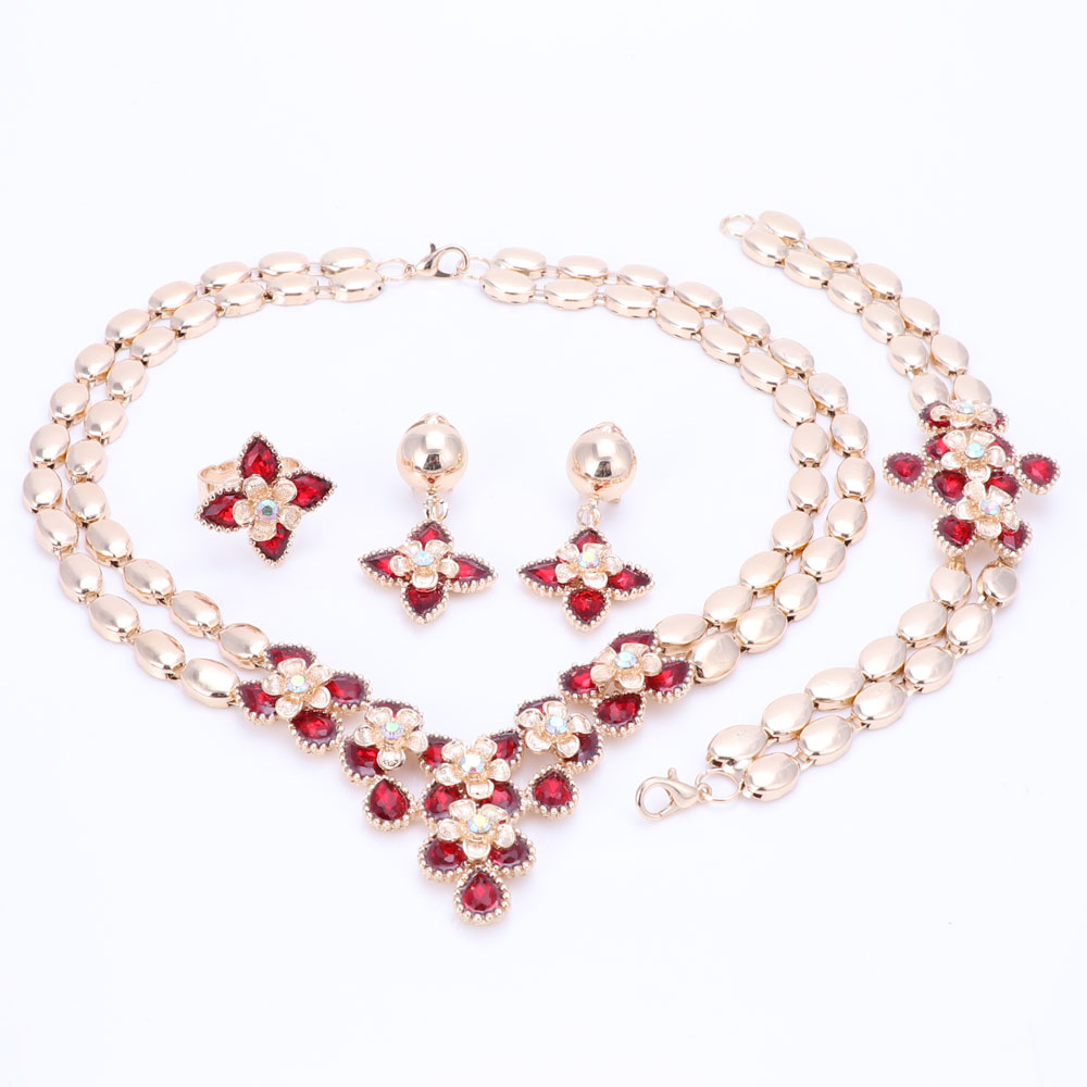 Flower Jewelry Set Gold colour goldenRhinestone French Romantic Bracelet Earrings Necklace Set For Women Hot Sell
