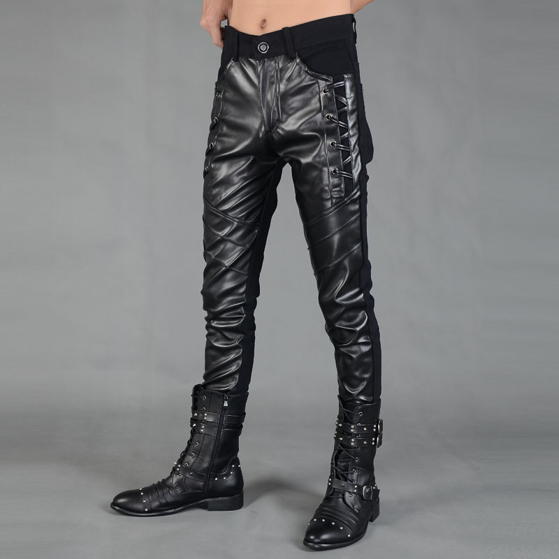 Male Korean Velvet thickening slim fashion leather trousers winter high quality slim special pants men show for singer dancer stage nightclub leather 
