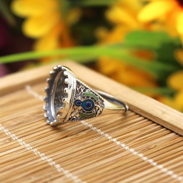 Fine Silver Chinoiserie Cloisonne Enamel 13x15mm Oval Cabochon Semi Mount 925 Silver Ring Jewelry Setting