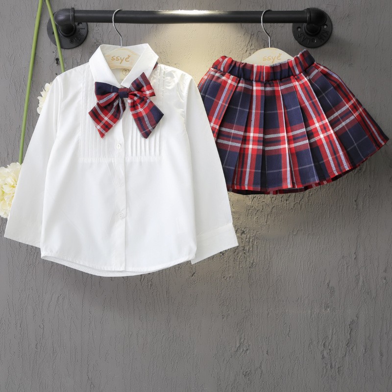 Autumn&Spring New School Style Fashion Baby Girls Dress Set White Shirt Top With Plaid Knot Tie+Plaid Mini Skirt 3 Pcs Sets 3-7T