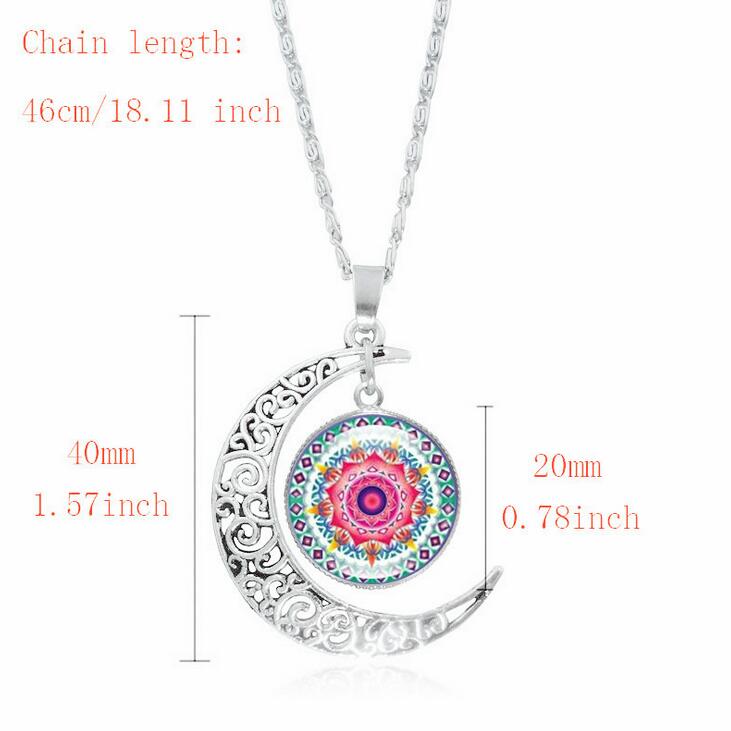 Free ship Bursts of mandala flower gemstone necklace silver half moon pendant jewelry WFN197 (with chain) mix order 20 pieces a lot