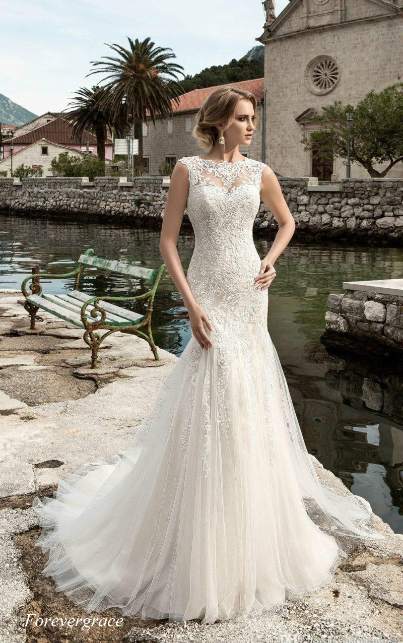 Elegant Mermaid Lace Corset Back Wedding Dress Long Crew Neck Backless Women Bridal Gown Plus Size Custom Made Vestido De Noiva Longo