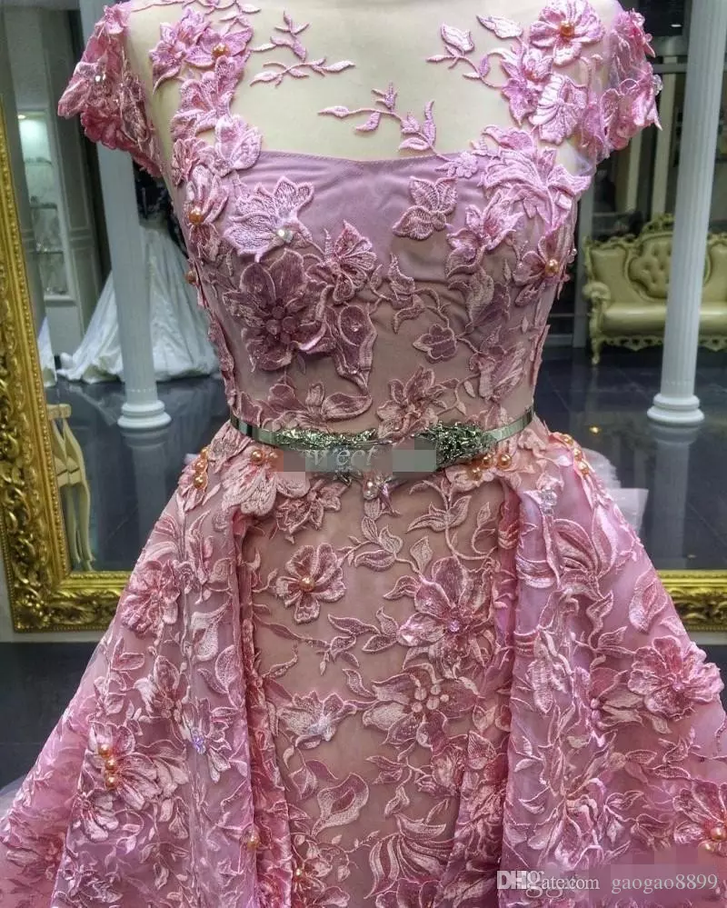Luxury Pink Mermaid Prom Dresses With Detachable Train Lace Appliqued Formal Evening Gowns Short Sleeves Jewel Neckline Party Dress