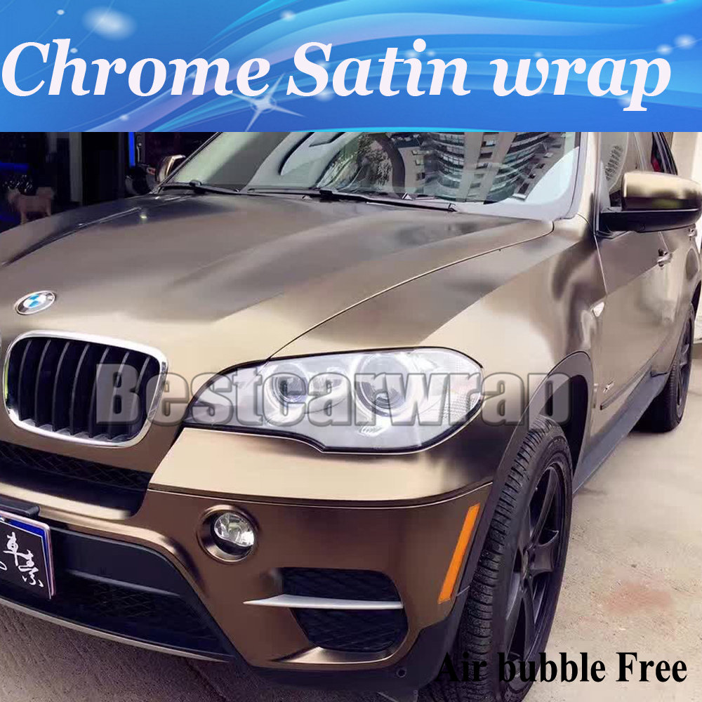 Top quality Brown Chrome Satin Vinyl Car Wrap styling Foil covering stickers bronze Chrome Vehicle WRAPPING skin size 1.52x20m/Roll