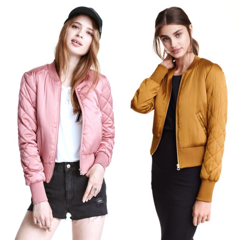 

Wholesale- Autumn Candy Color Quilting Quilted Bomber Jacket Short Thin Padded Baseball Coat Pilots Winter Trendy Women Girls Outerwear Top, Pink
