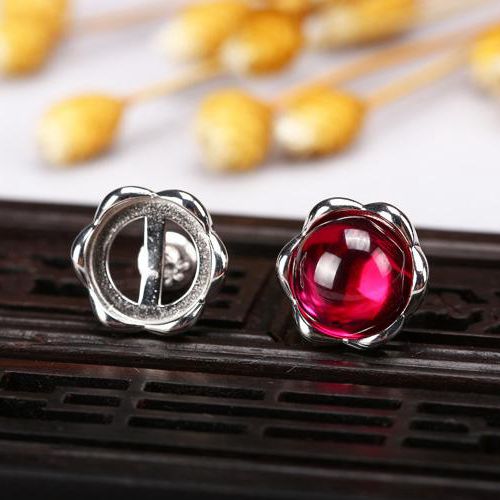 Fine Silver 9x9mm Round Cabochon Semi Mount Engagement Stud Earrings 925 Sterling Silver