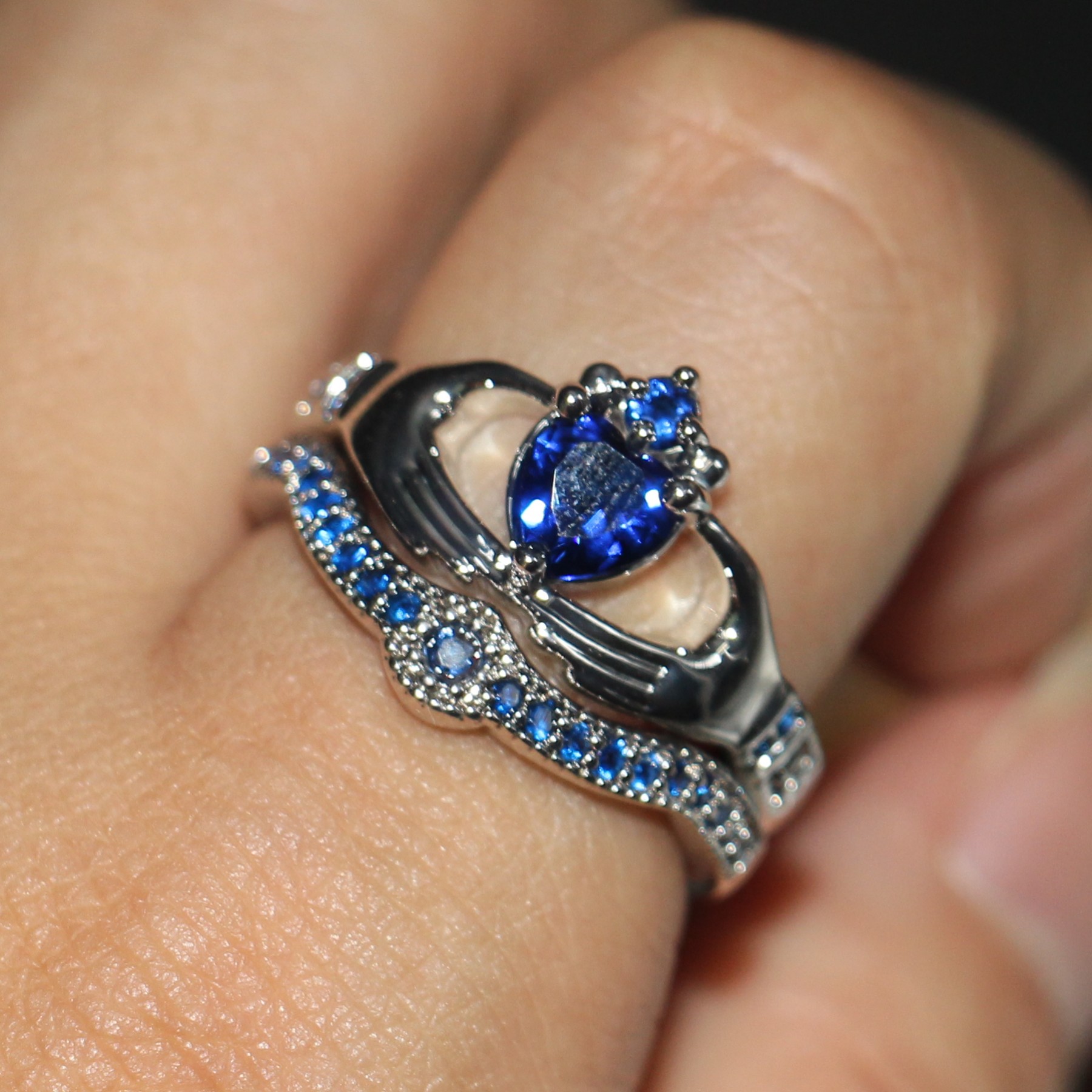 Women's 10K White Gold Filled Heart Blue Sapphire Birthstone Ring, Sizes 5-11