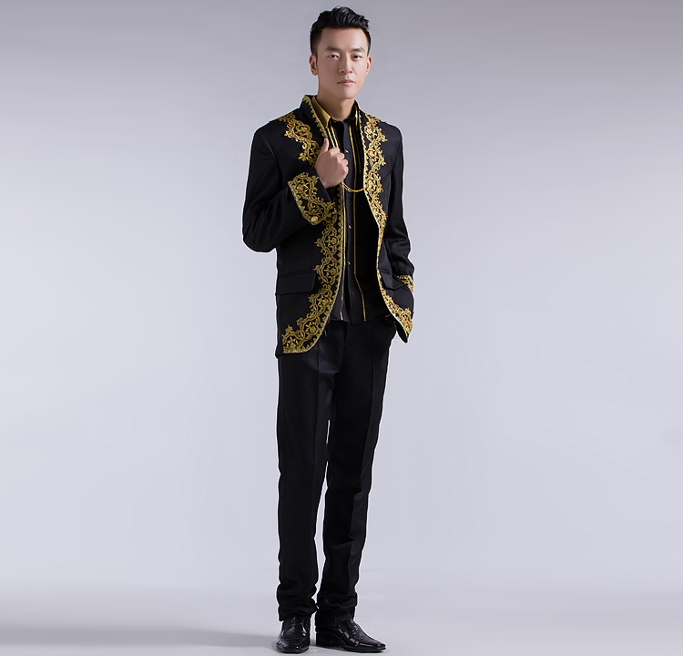Wholesale-NEW Chinese wedding tuxedo gold embroidery applique men white for wedding men gold suits