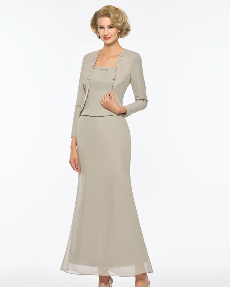 Three Pieces Plus Size Mother Of The Bride Dresses With Jacket Long Sleeve Tea Length Mother Of The Groom Dress Formal Evening Gown