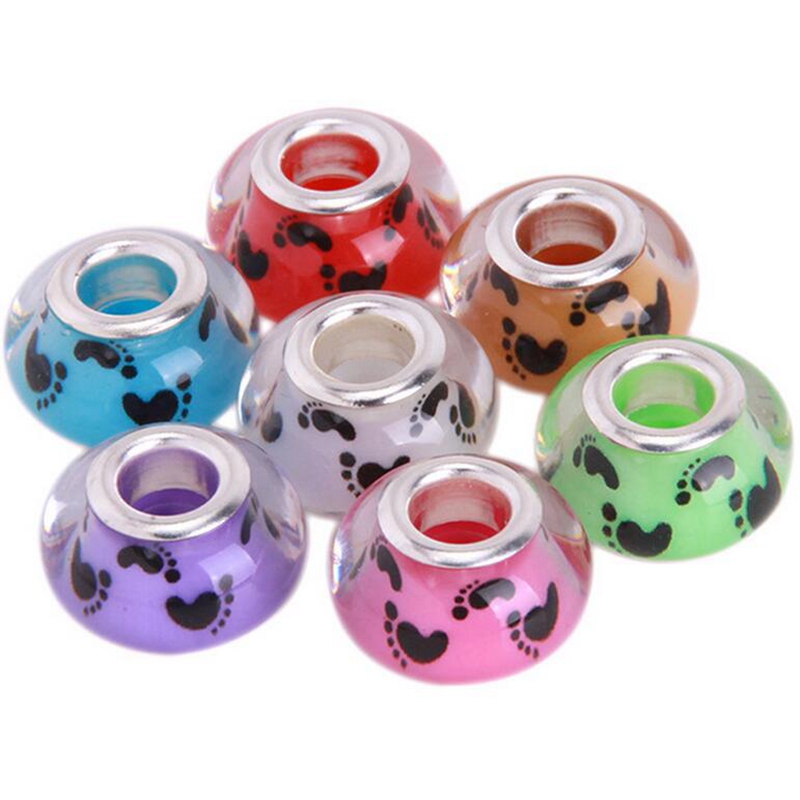 50PCSLot Mixed Fashion Baby Footprints Pattern European Resin DIY Big Hole Silver Core Charms Beads for Jewelry Making Low