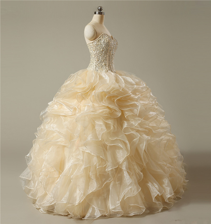 2017 Fashion Pearls Ball Gown Quinceanera Dresses with Beading Sequin Organza Lace Up Sweet 16 Dresses Vestido Debutante Gowns BQ09