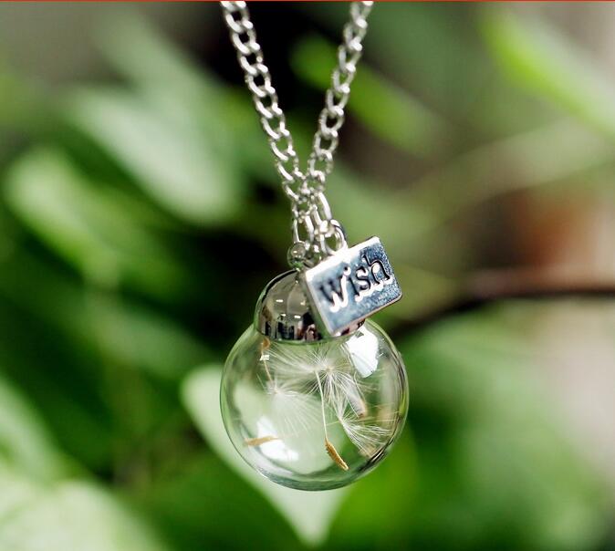 Glass bottle necklace Natural dandelion seed in glass long necklace Make A Wish Glass Bead Orb silver plated Necklace jewelry G125
