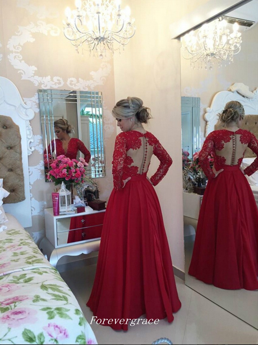 Fashion Women V Neck Prom Dress Elegant A-Line Lace With Long Sleeves Evening Party Reception Gown Custom Made Plus Size