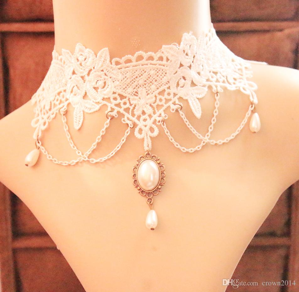 Vintage Handmade White Lace Choker Necklace with Jewelry Short Gothic Collarbone Chokers Necklaces For Wedding