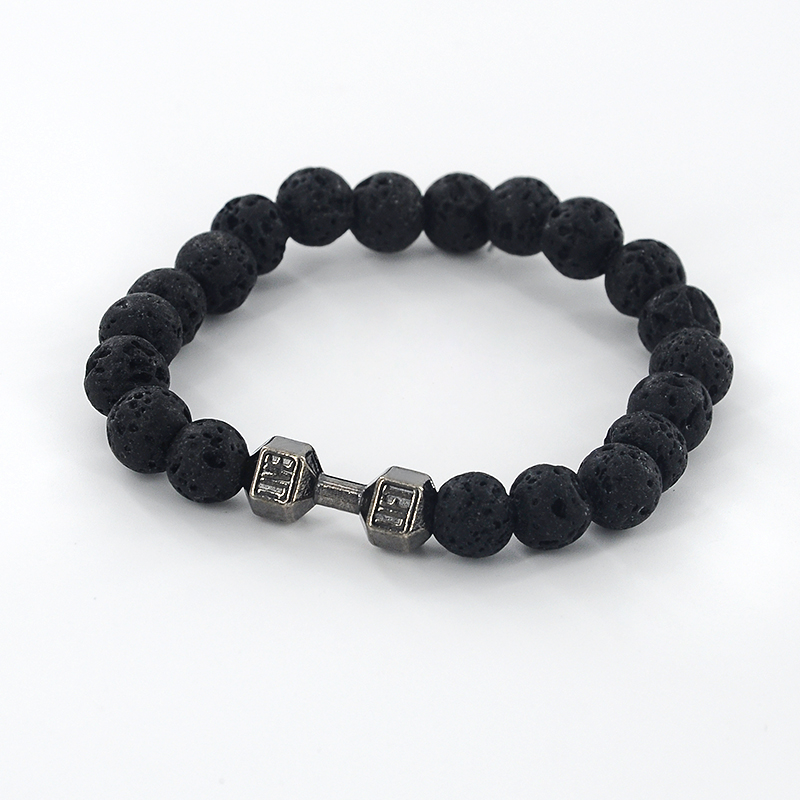 Wholesale-Mens Natural Stone Dumbbell Beaded Bracelets Unisex Black Lava Stone Beads Fitness Fit Life Prayer Bracelets Barbell Jewelry