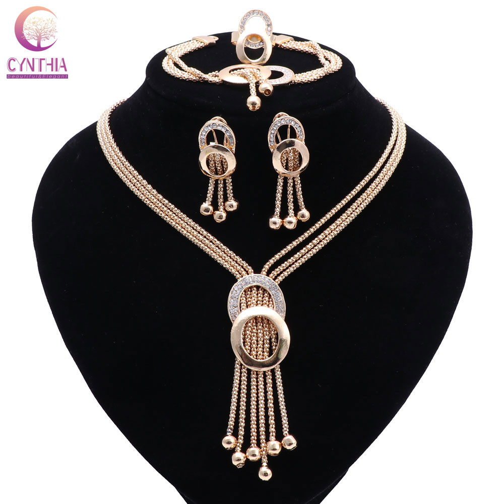 Fashion New Tassel Jewelry Sets Necklace Earrings Bracelet Ring Dubai Gold Plated Crystal African Beads Jewelry Sets