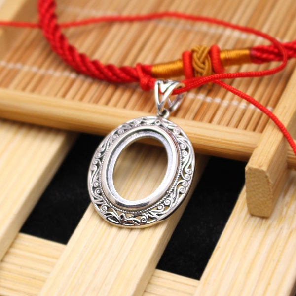 Art Deco Fine Silver 925 Sterling Silver Pendant Setting 12X15mm Oval Cabochon Semi Mount Setting Jewelry