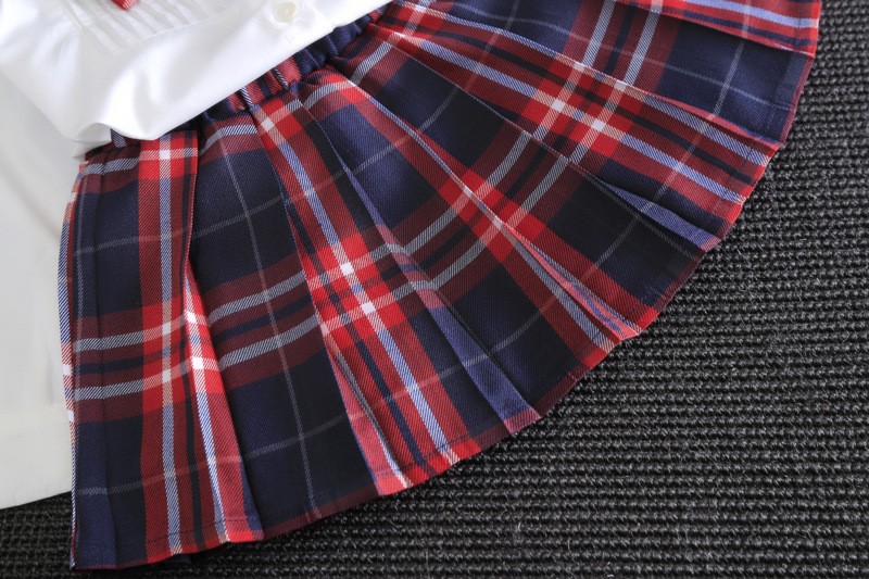 Autumn&Spring New School Style Fashion Baby Girls Dress Set White Shirt Top With Plaid Knot Tie+Plaid Mini Skirt 3 Pcs Sets 3-7T