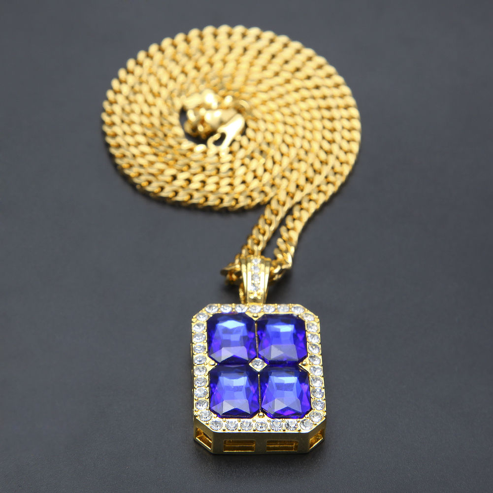 New Blue Red Black Ruby CZ Crystal Pendant Necklace Hip Hop Necklace Gold Plated Cuban Chain Silver Gold Men's Jewelry