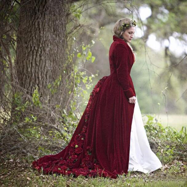 Vintage 2017 White Strapless Wedding Dresses With Burgundy Long Sleeve Velvet Bridal Coat Hand Made 3D Floral Appliqued Custom Made EN9045