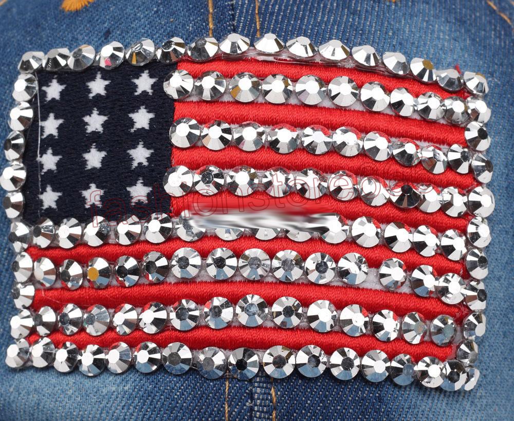 Women baseball caps Summer 4th of July American Flag Hat Cowboy Fashion Rhinestone denim Cap 6 Panels Snapback Leisure Sun Hat