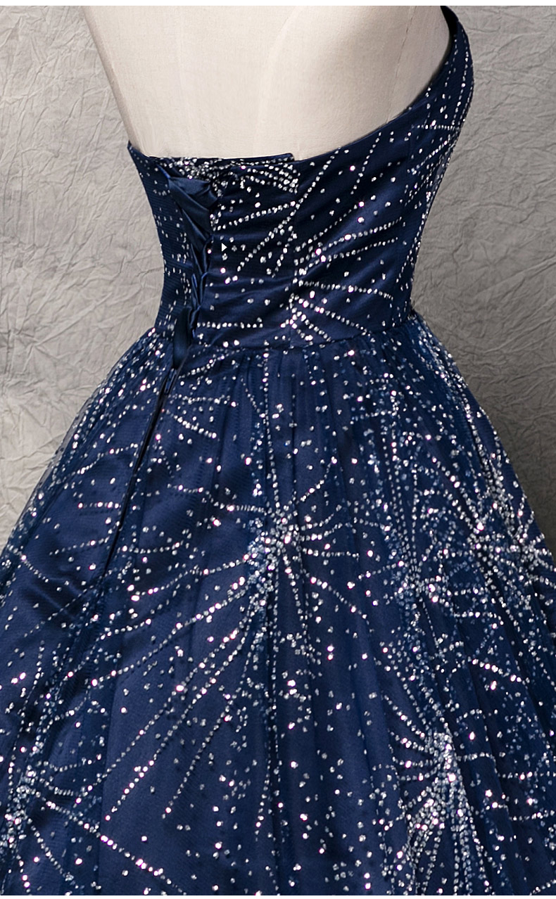 Stunning Navy Blue Ball Gown Prom Dresses COurt train Starpless Sparkling Beading Long Evening Gowns Lace-up/Zipper Back Runway Dress