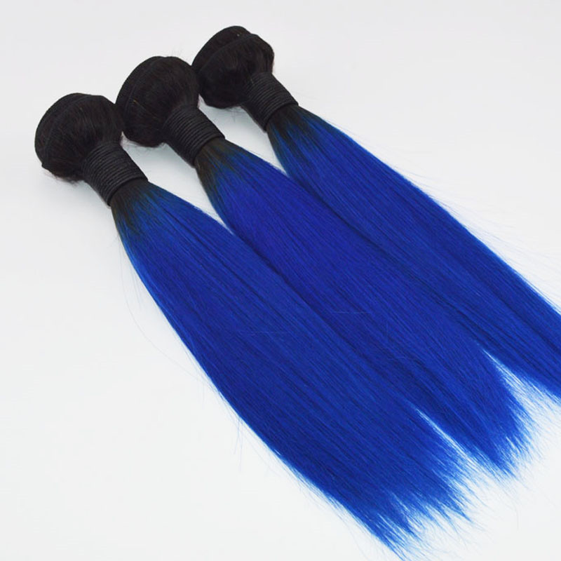Wholesale Price Ombre Blue Hair Weaves Brazilian Straight Human Hair Extensions Remy Hair Bundles 100G one Piece